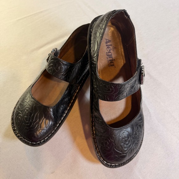 Alegria Shoes - Alegria Paloma Mary Jane Womens 38 Black Embossed Leather Floral Comfort Nurse